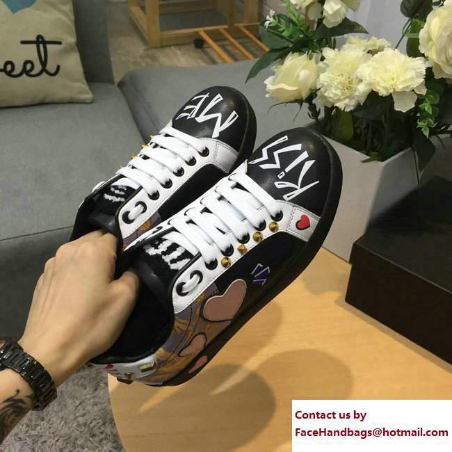 Dolce  &  Gabbana Leather Sneakers Patch Heart and Applique Black 2017